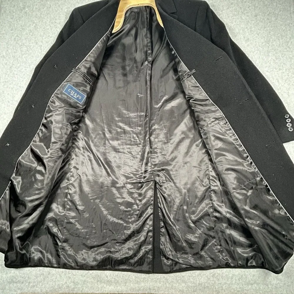 Mens Black Chaps Wool Blend Long Trench Pea Coat Sz 44L‎ Winter
